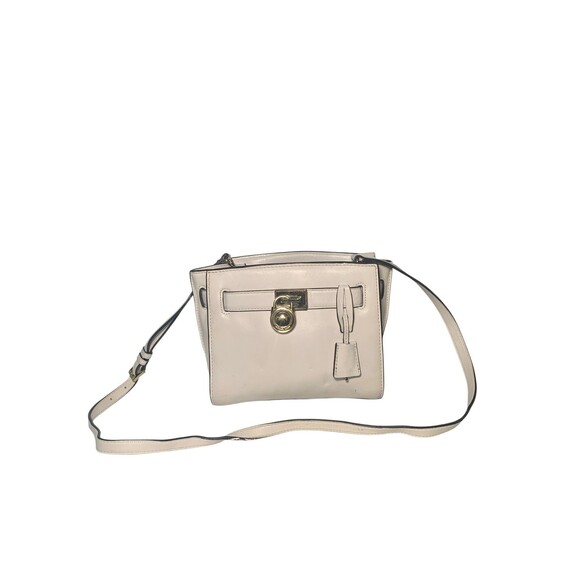 Michael Kors Crossbody Bag Womens White Leather Lock Adjustable Strap Purse Gold - Picture 1 of 9